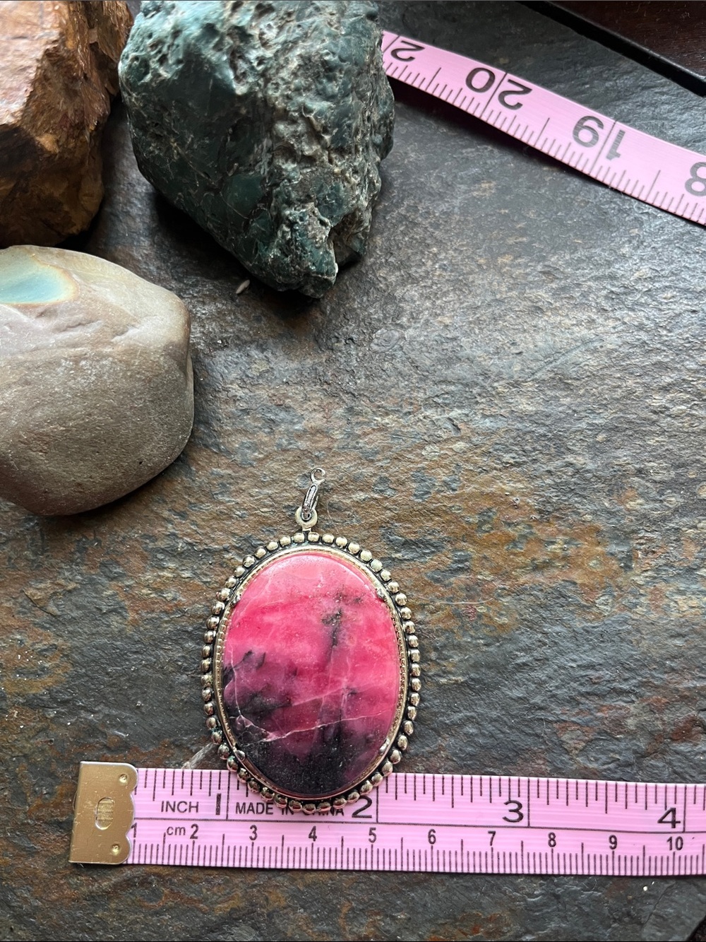 Pink Rhodochrosite Oval Pendant Necklace - Silver Tone Setting